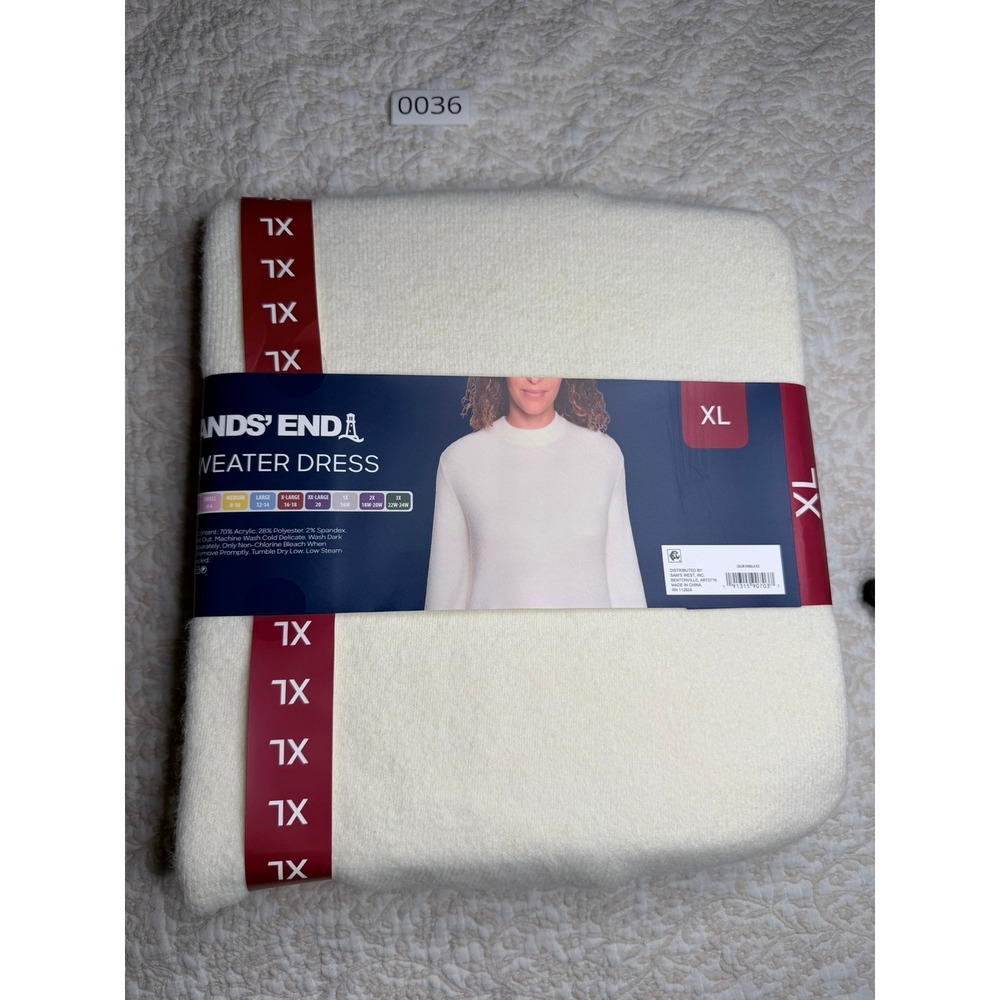 Lands End Womens Sweater Dress Ivory White Knit Crew Neck Long Sleeve XL 16-18